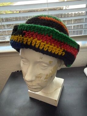 Handmade Crocheted Rasta Beanie with Multicolor Stripes
